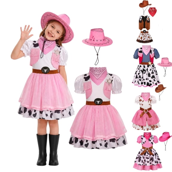 Girls Cowgirl Outfits Kids Western Costume Tutu Dress with Hat Scarf Belt Birthday Party Dress Up 4-9Y