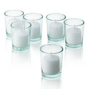 Clear Glass Round Votive Candle Holders with White Votive Candles Burn 10 Hours Set Of 12