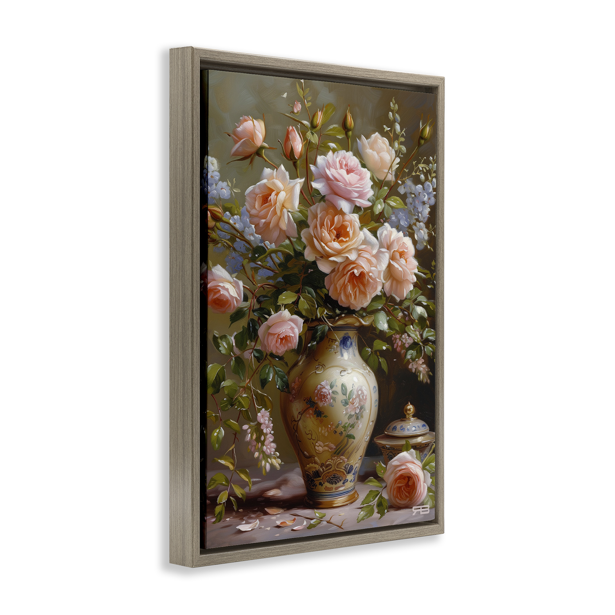 Stupell Industries Roses in Traditional Vase Botanical & Floral Painting Brown Floater Framed Art Print Wall Art, 21 x 31