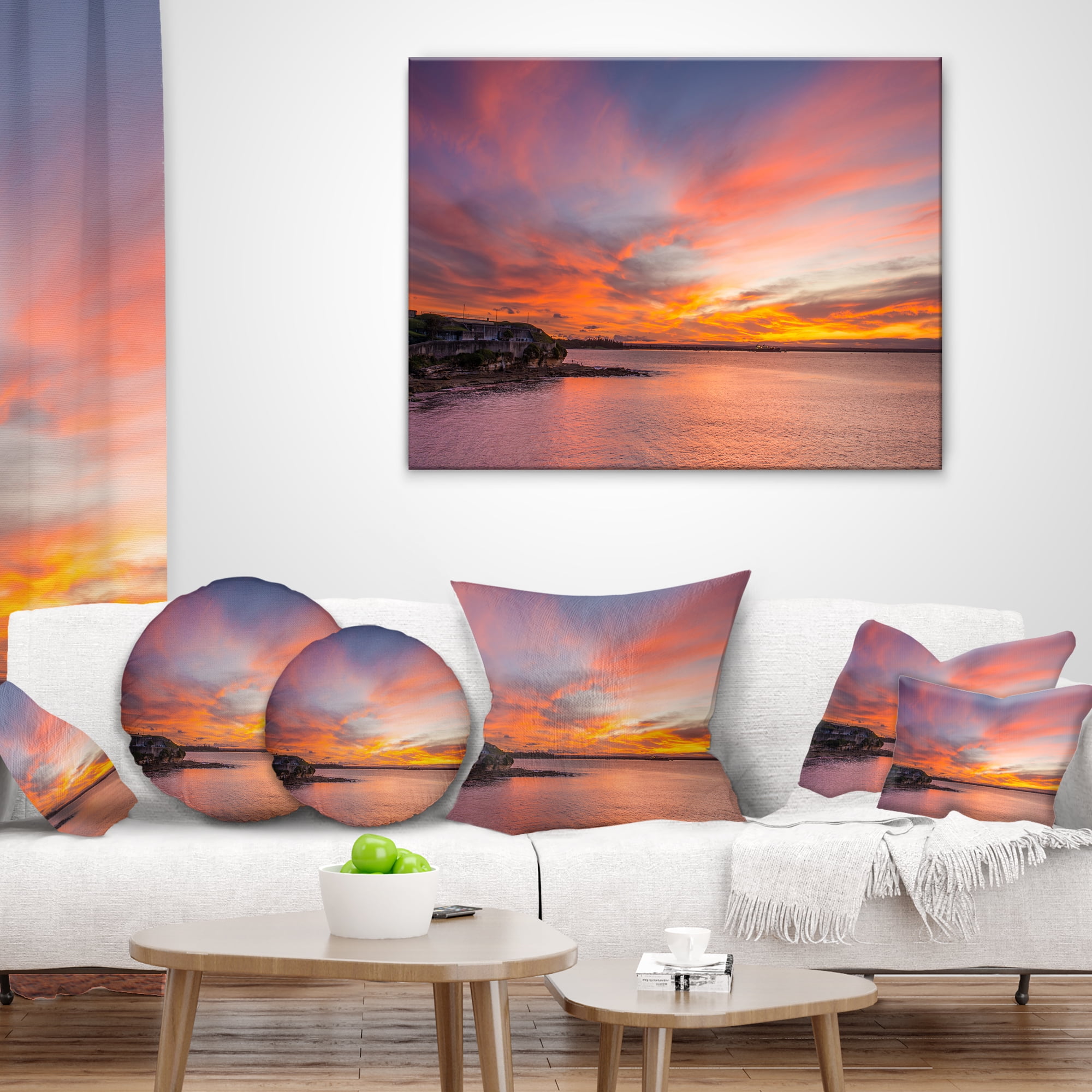 Designart Calm Sydney Beach with Yellow Sky - Seashore Throw Pillow - 12x20