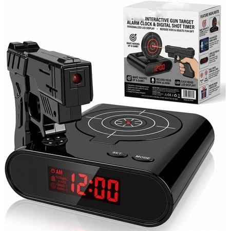 Gun and Target Alarm Clock with Gun Shooting Game Digital Shot Timer Alarm Clock Interactive Wake You Shoot Personalized LED Display Bedside Kids Adults Fun Gift Bedroom Office