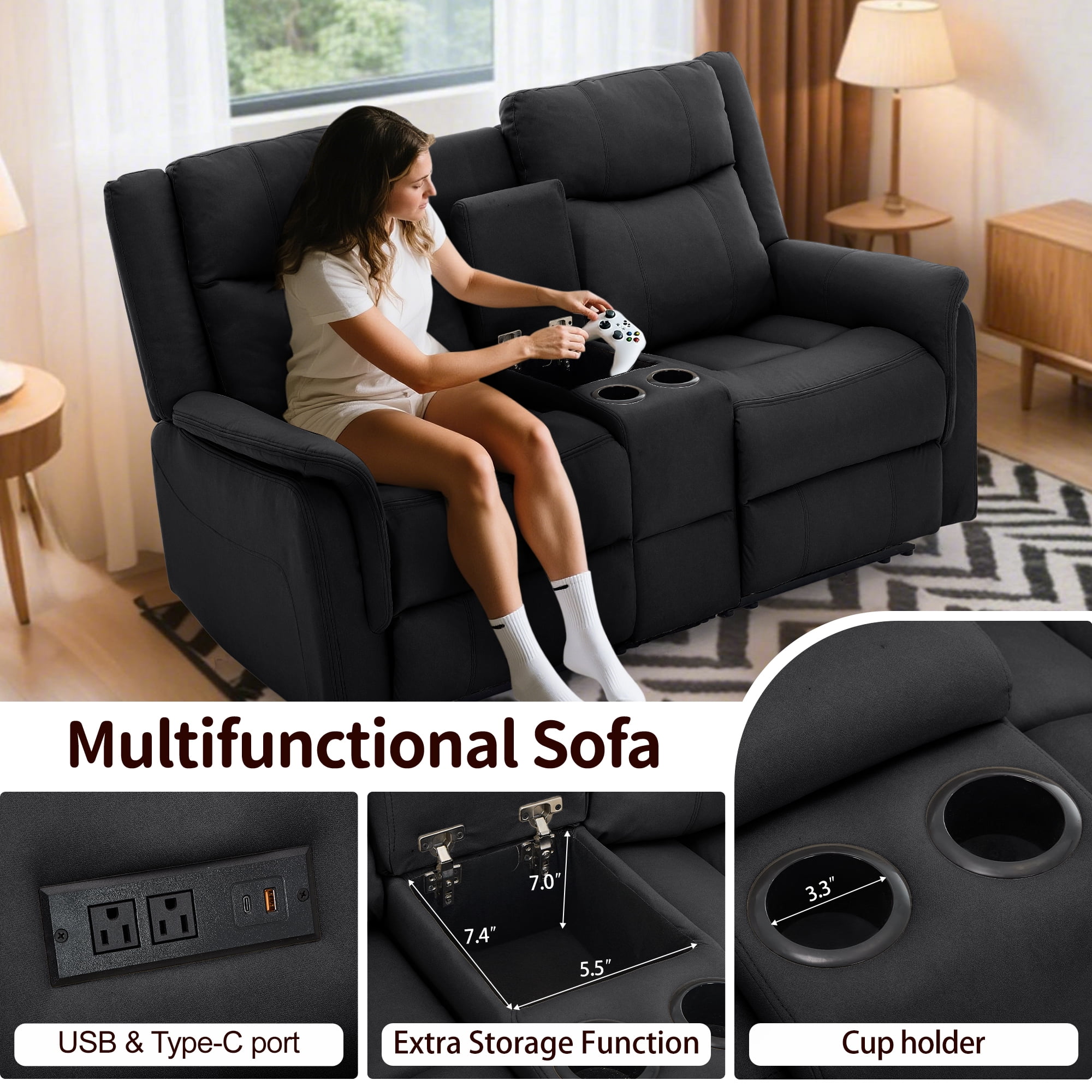 Korser 2-Seater Loveseat Recliner, Reclining Sofa with USB Ports, Cup Holders for Home Theater,Black