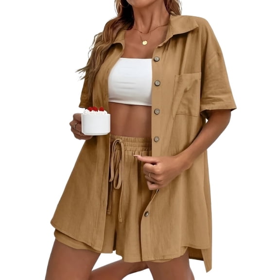 EASYBRA Women Pants Suit Solid Color Casual Summer Set Cardigan Shorts Outfit Polyester Fabric Sizes S-3XL