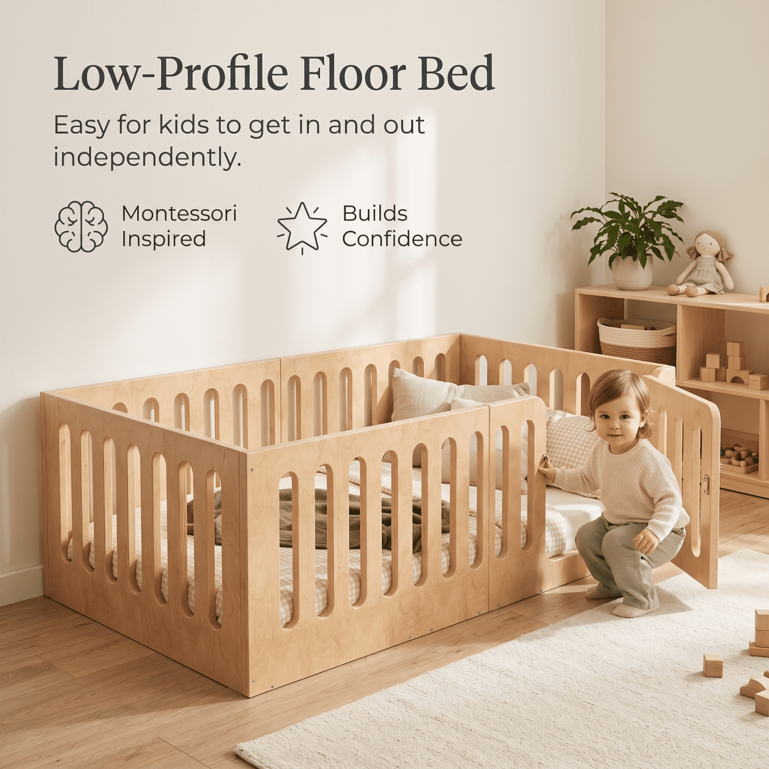 Miniyam Twin Floor Bed for Kids with Door and Guardrails, Low-Profile Wood Bed Frame, Natural