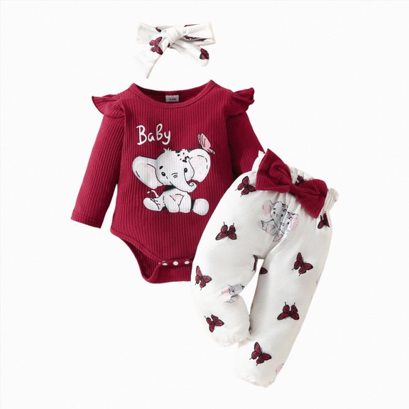 WUANDIXFA Toddler Girl Outfits 0 3 6 12 18 24 Months Baby Girl Clothes Newborn Infant Outfits Cute Clothes Spring Romper Set Pant Headband,Wine,3-6 Months