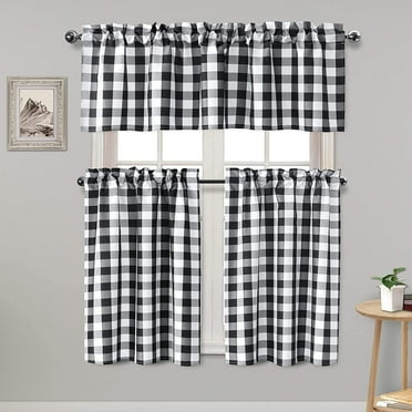 XWZO Short Kitchen Curtains 3 Pieces Set, Semi Sheer Light Filtering Checkered Tier and Valance Window Curtains Set, Black, 52W x 18L (1 Panel)   26W x 24L (2 Panels)