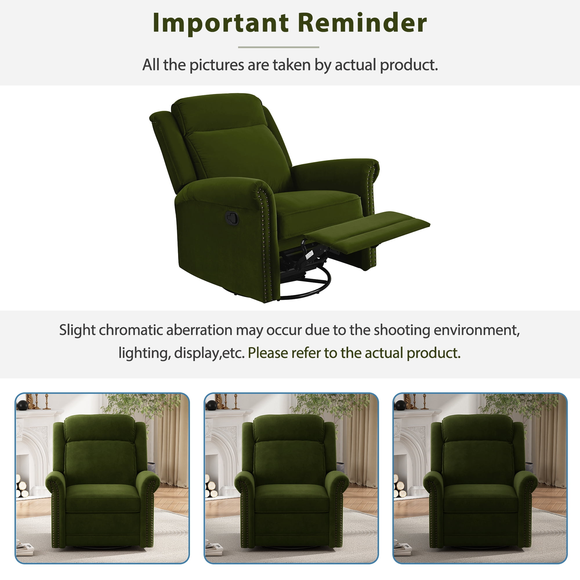 Euroco 360° Swivel Recliner Manual Rocking Recliner Home Theater Manual Recliner Chair Nursery Rocker with Adjustable Backrest for Living Room, Green