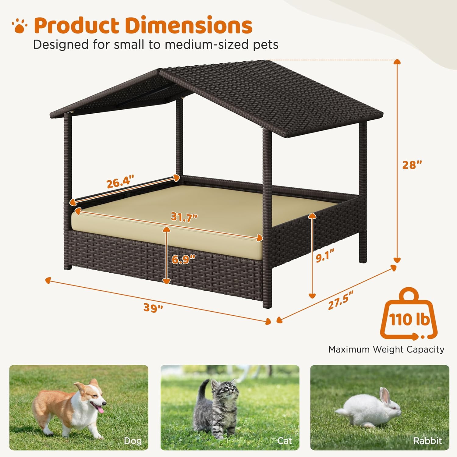 Wicker Dog House Outdoor Indoor with Canopy, Elevated Dog Shelter Dog Bed with Cushion for Small/Medium Dogs, Shade for Deck, Patio, Yard, Pool Brown House, Khaki Cushion