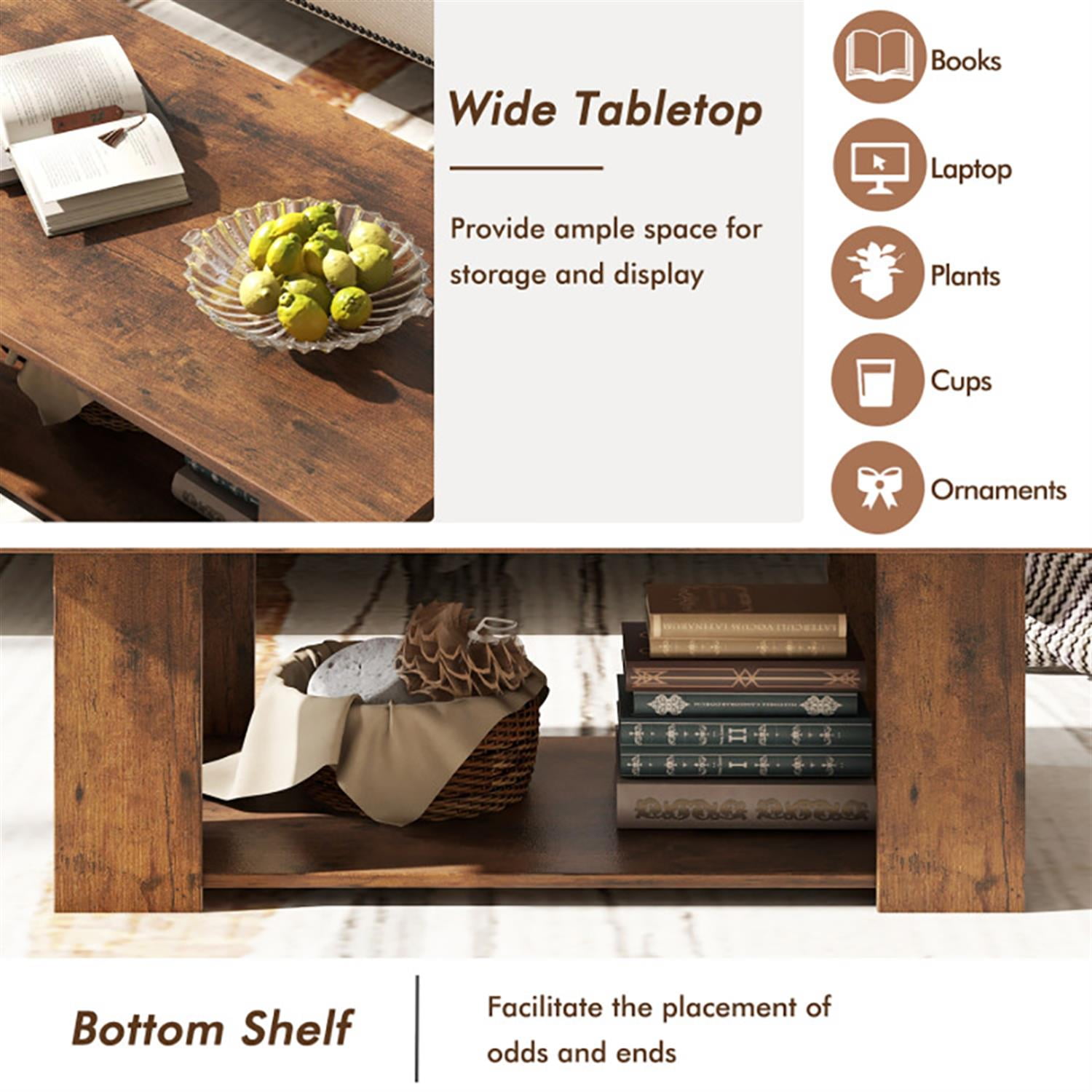 Demi Bonn 2-tier Modern Coffee Table, Wooden Dining Center Tables with Storage Shelf for Living Room, Bedroom, Office and Balcony, Brown