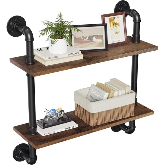 24" Industrial Floating Shelves, Pipe Shelves for Wall, 2 Tier Rustic Wood Wall Shelves for Home Décor, Bedroom, Living Room, Bathroom