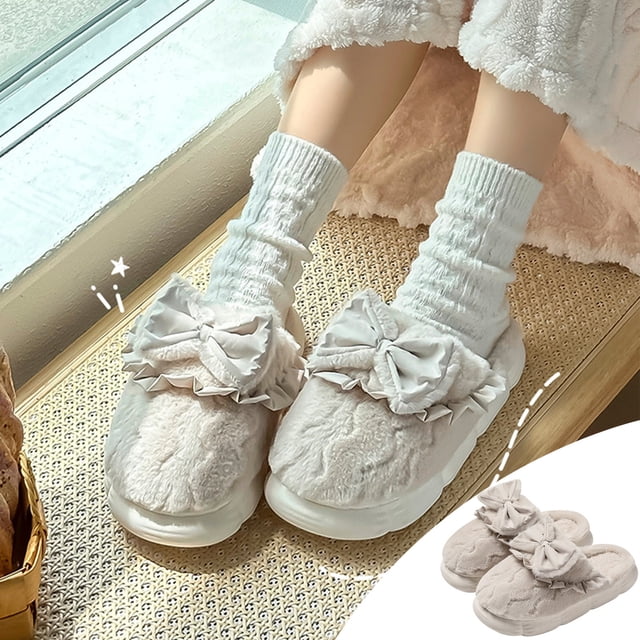 Cameland Bow Cotton Slippers For Women In Fall And Winter New Style Warm Non-Slip Plus Velvet Couple Home Furry Slippers For Men