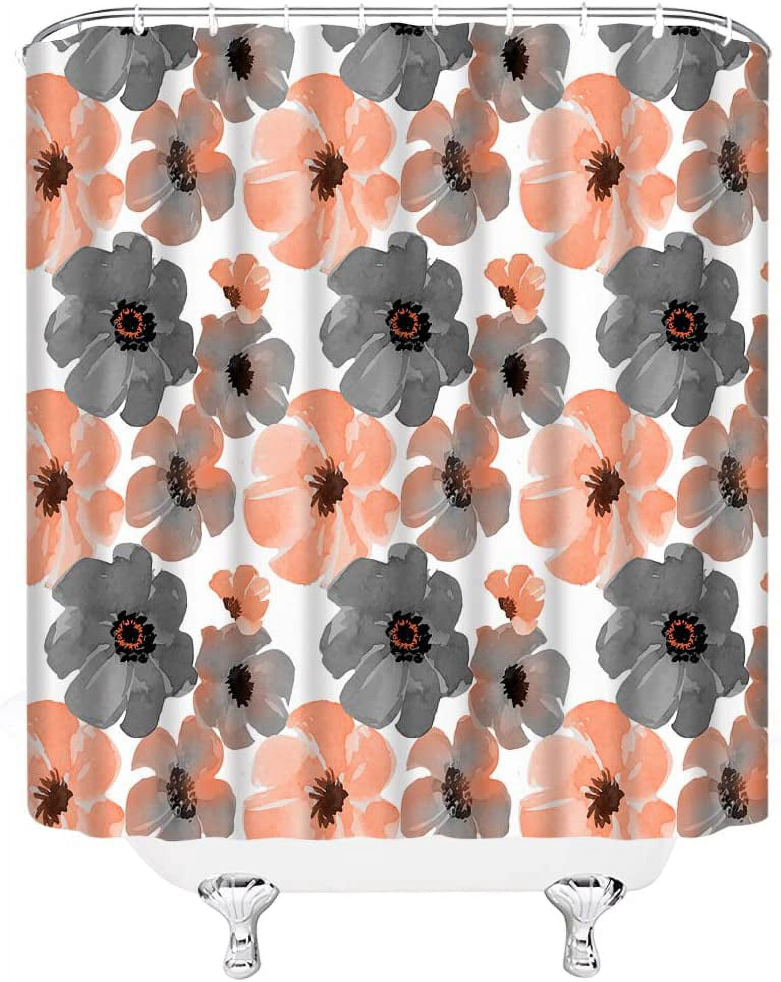 Gray Orange Shower Curtain Watercolor Flower Retro Floral Morden Boho Spring Garden Plant Fabric Bathroom Decor Set with Hooks (84" Wx70 H)