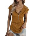 thumbnail image 1 of Mujer Cremallera Cuello En V Encaje Crochet Ojal Top Manga Corta Camisa Casual Transpirable Color Puro Caqui S, 1 of 6