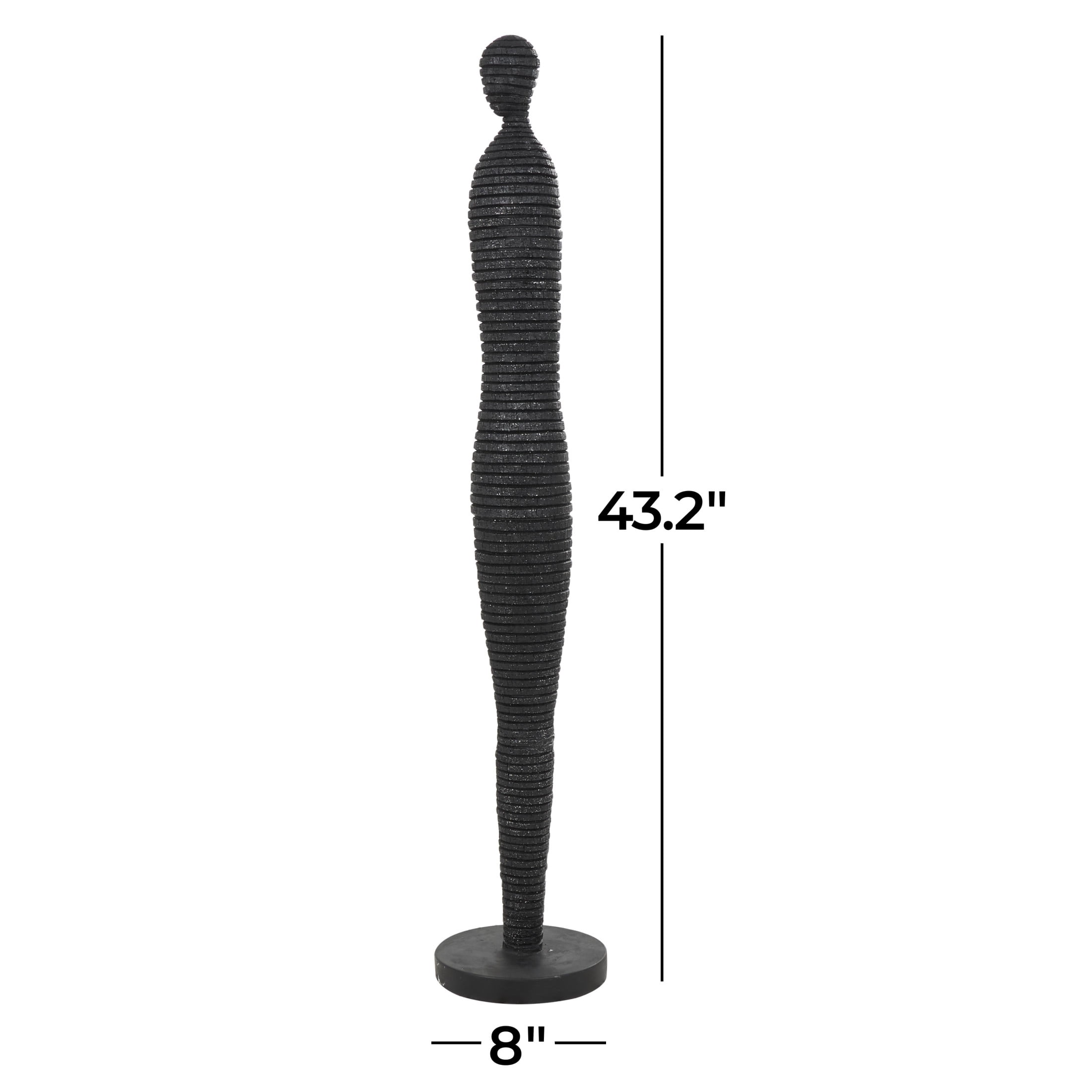 8" x 43" Black Polyresin Tall Slim Figure People Sculpture with Ribbed Body and Glitter Accents, by DecMode