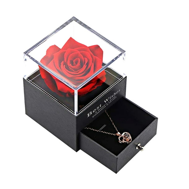 Caja de rosas eternas con collar de flores preservadas, rosa con collar de cristal, regalos para mamá, esposa, novia, ella en aniversario, día de la madre, día de San Valentín, Navidad, regalos de cum