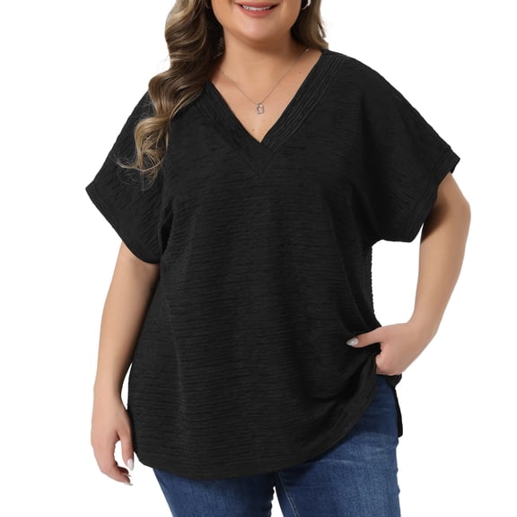 DARING DIVA Women's Plus V Neck Short Sleeve Textured Tops 1X Black