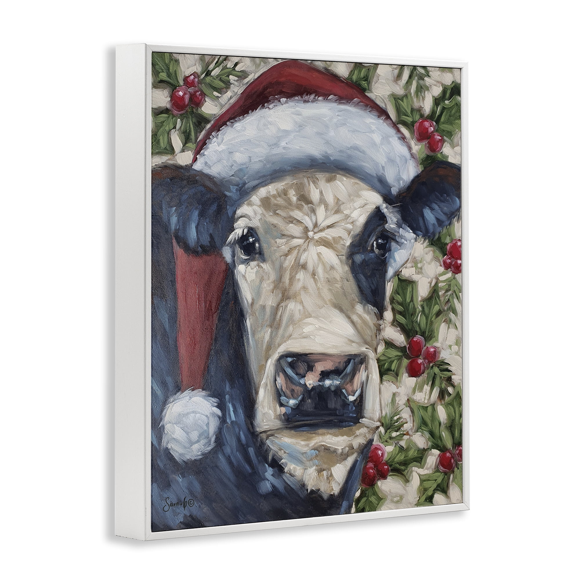 Stupell Industries Cow with Festive Holly Holiday Painting White Framed Art Print Wall Art, 11 x 14