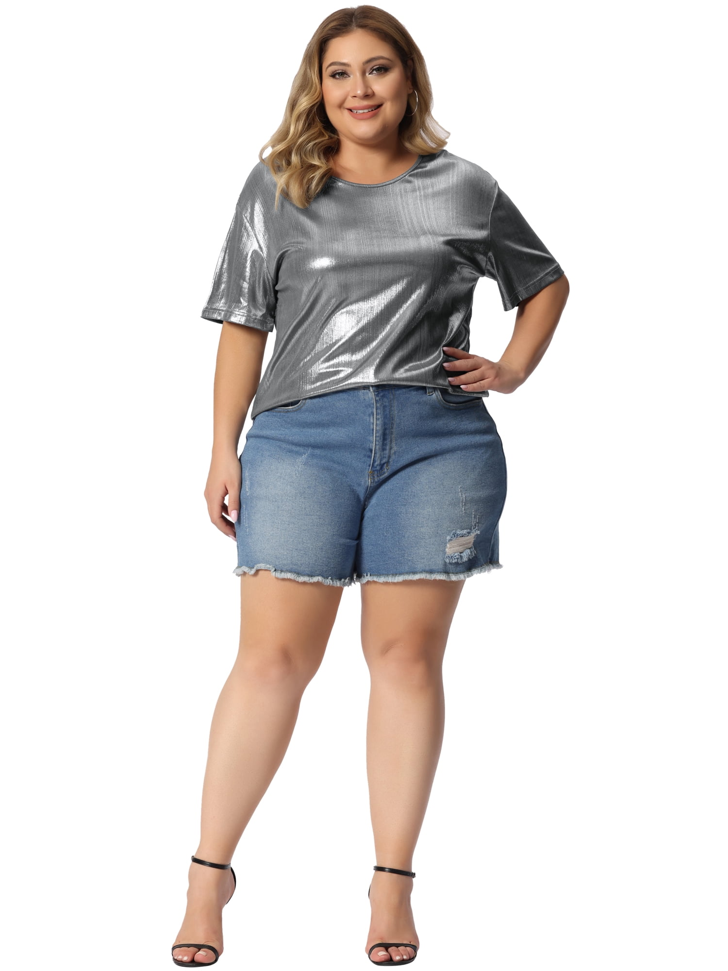 DARING DIVA Women's Plus Size Metallic Round Neck Short Sleeve Blouses 5X Silver