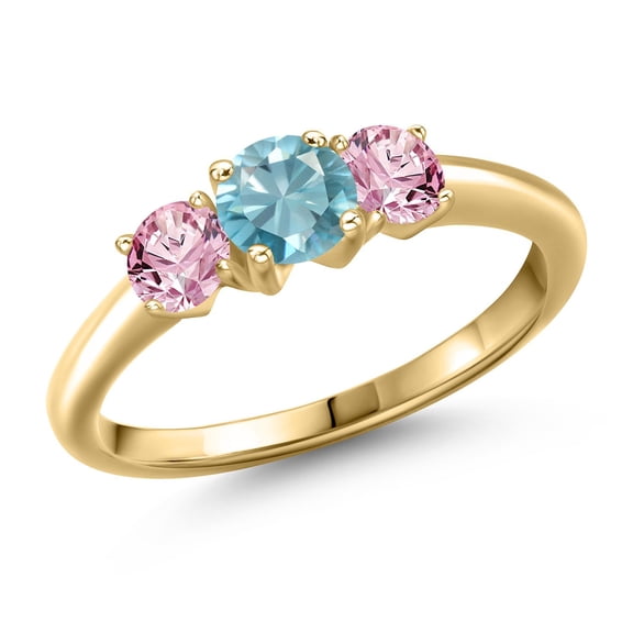 Gem Stone King 10K Yellow Gold Blue Zircon and Pink Lab Grown Diamond Engagement Ring for Women | 1.35 Cttw | Round 5MM | Gemstone Birthstone | Size 6