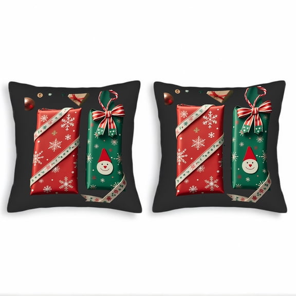 Set of 2 Throw Pillow Covers 18x18in - Festive Red & Green Holiday Design with Snowflakes and Santa Face for Couch Bed Car Decor