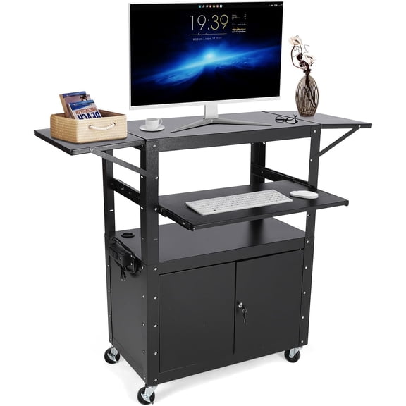 AV Cart, Rolling AV Cart with Lockable Cabinet, Mobile with Wheels, Hight Adjustable 24-42”, Media Carts with Extension Shelf, Perfect for Home or Office Use