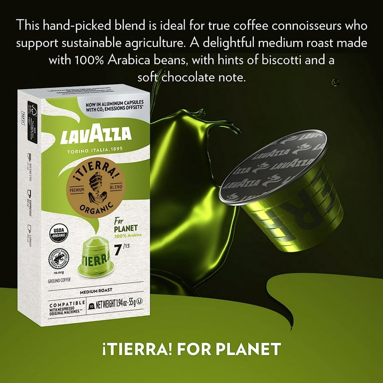 Lavazza TIERRA PLANET USDA ORGANIC Espresso Aluminum Capsules Compatible  with Nespresso Original Machines (Pack of 60) ,Value Pack, Medium Roast,  100% Arabica, Intensity 7 of 13 