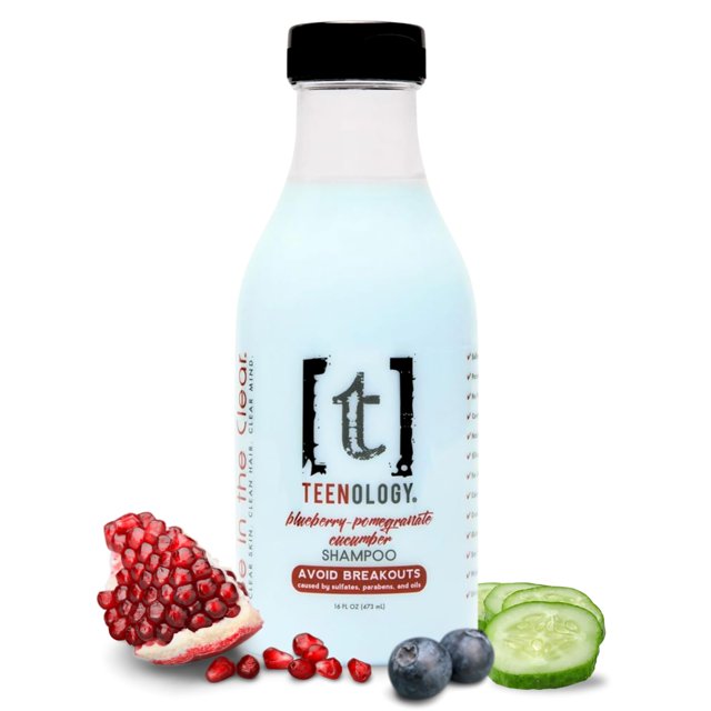 Champú Teenology para adolescentes - Evite brotes en la frente y el cuerpo - Sin sulfatos ni parabenos Extractos botánicos naturales no comedogénicos 16 oz. (Arándano, Granada, Pepino)
