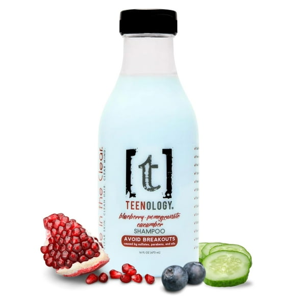 Champú Teenology para adolescentes - Evite brotes en la frente y el cuerpo - Sin sulfatos ni parabenos Extractos botánicos naturales no comedogénicos 16 oz. (Arándano, Granada, Pepino)