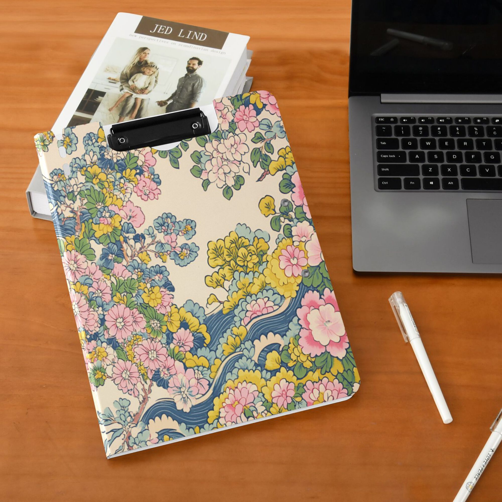 FORMRS A4 Clipboard Folder with Pen Holder Horizontal Foldable School Office Binder, Pink Floral Wave