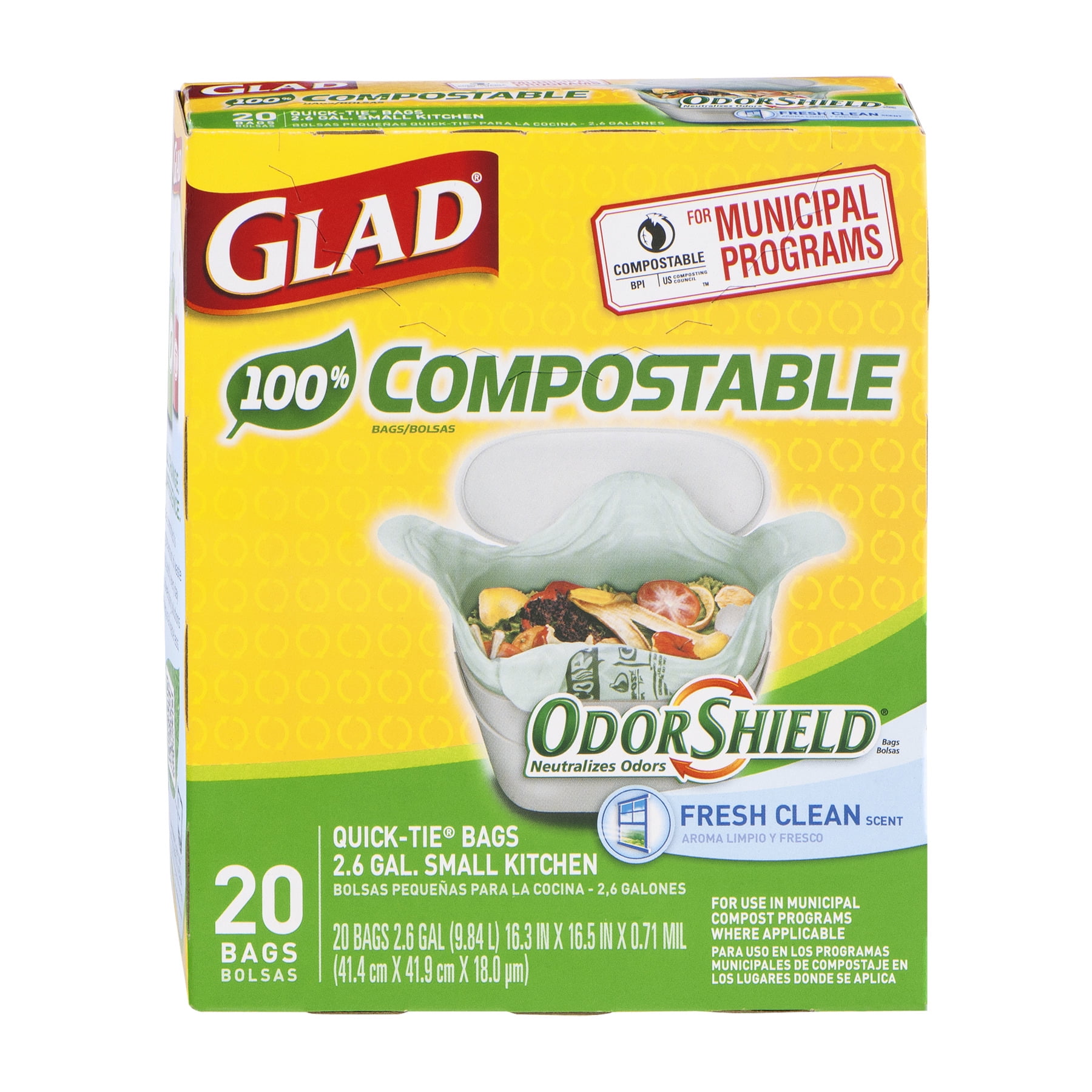 Glad 100 Compostable OdorShield Fresh Clean QuickTie Small Kitchen