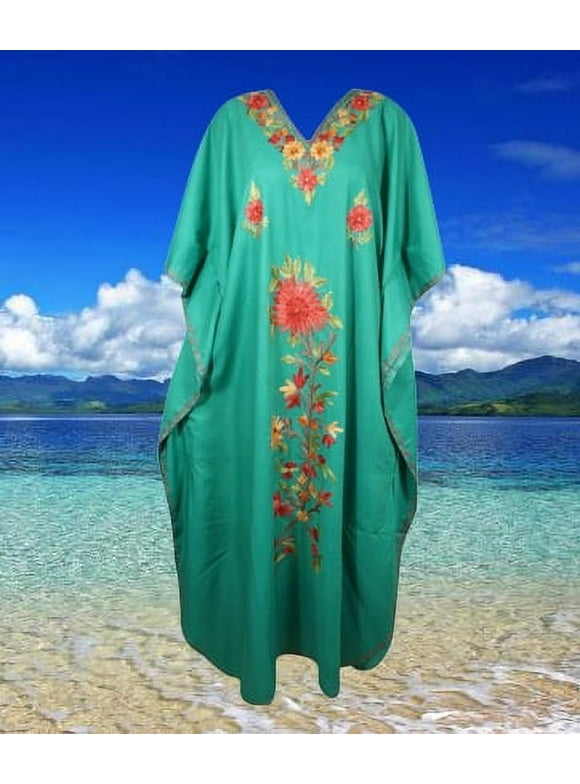 Womens Maxi Kaftan, Gift cotton Caftan Fall Maxi Dress, Teal Blue Embroidered Butterfly Lounger Oversized, Stylish Hostess Dresses, L-2X