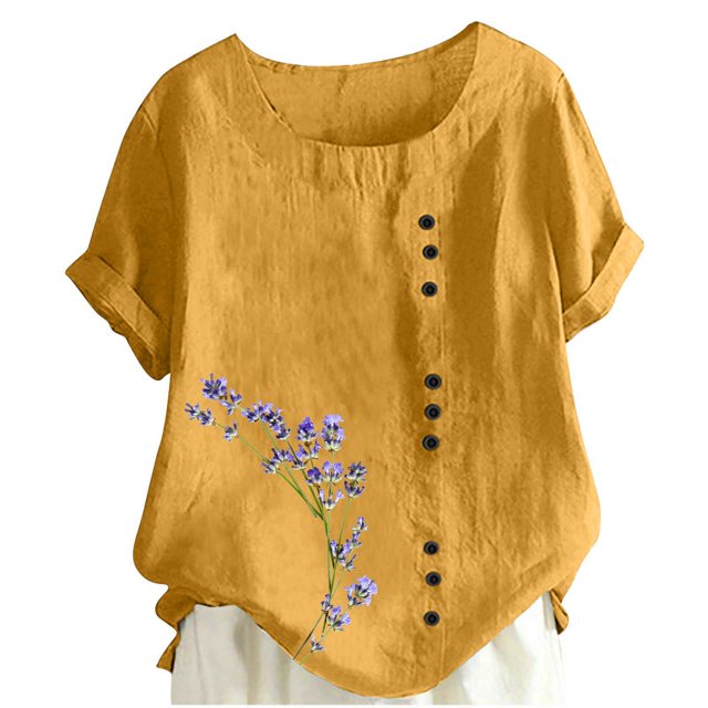 Liquidation! Uooqdmx Chemises en Lin pour Femmes, Chemises à Manches Courtes pour Femmes, Hauts Fluides pour Femmes, Blouse Col Rond Décontractée Coupe Ample Tunique, Hauts en Gaze pour Femmes, Jaune S