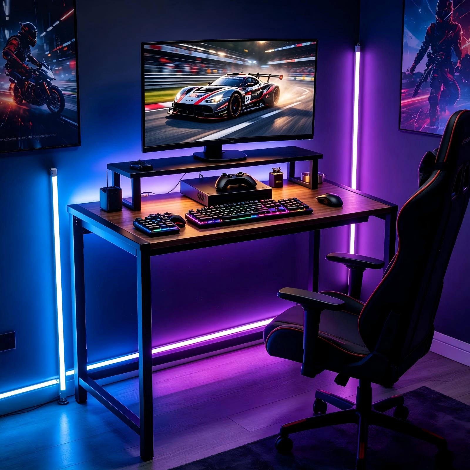 31.5" Foldable Gaming Desk with Shelf and RGB Lighting, Black
