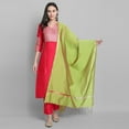 thumbnail image 3 of Janasya Indian V-Neck 3/4 Sleeve Floral Print Pink Poly Silk Kurta With Pant And Dupatta For Women, 3 of 8