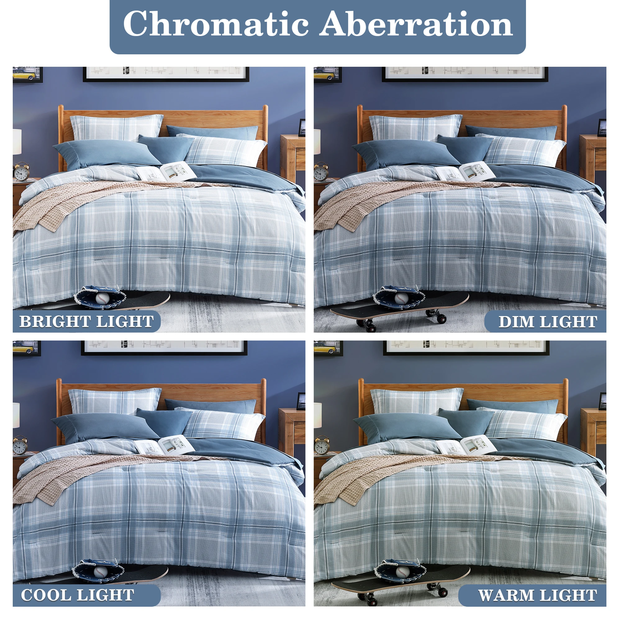 Amberspace Reversible Checkered 7-piece Bed in a Bag Comforter Set with Sheets,Light Blue,Full