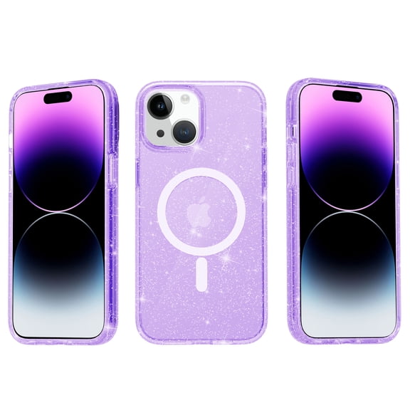 ShellTech for iPhone 15 Case Clear Magnetic Glitter Compatible with Magsafe, Sparkle Bling Hard Magnet Mag Cover Non-Yellowing, Shiny Cute Phone Case for Women Gilrl,Purple