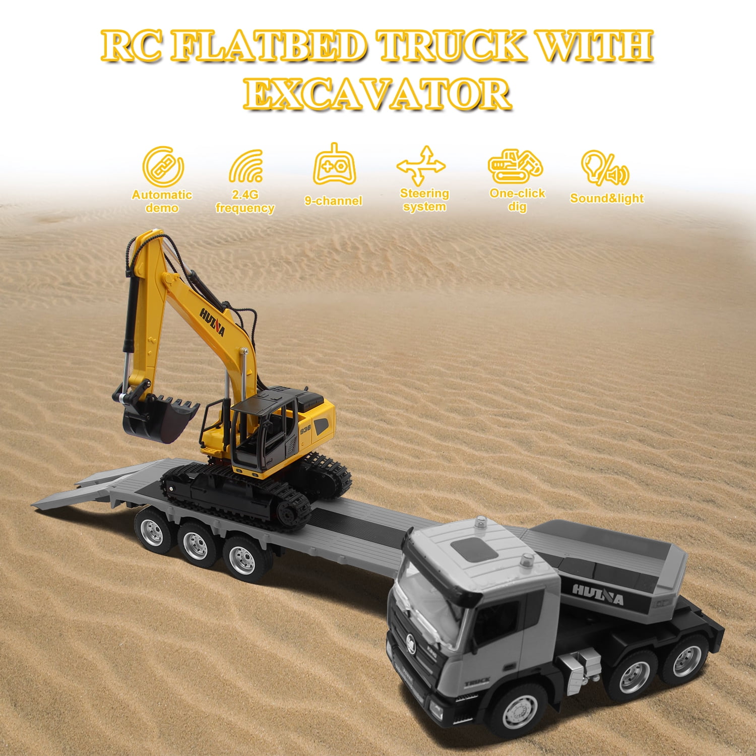 Remote Control Trailer Truck with RC Excavator Playset, RC Trailer Engineering Car with Light and Sound