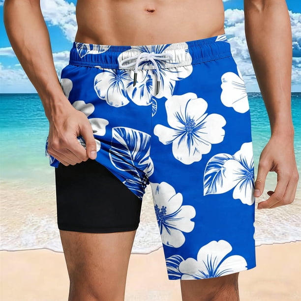 Ceisia Men's Royal Blue White Hibiscus Print Beach Shorts with Quick Dry Stretch Fabric and Anti-Exposure Liner Multicolor S Gifts