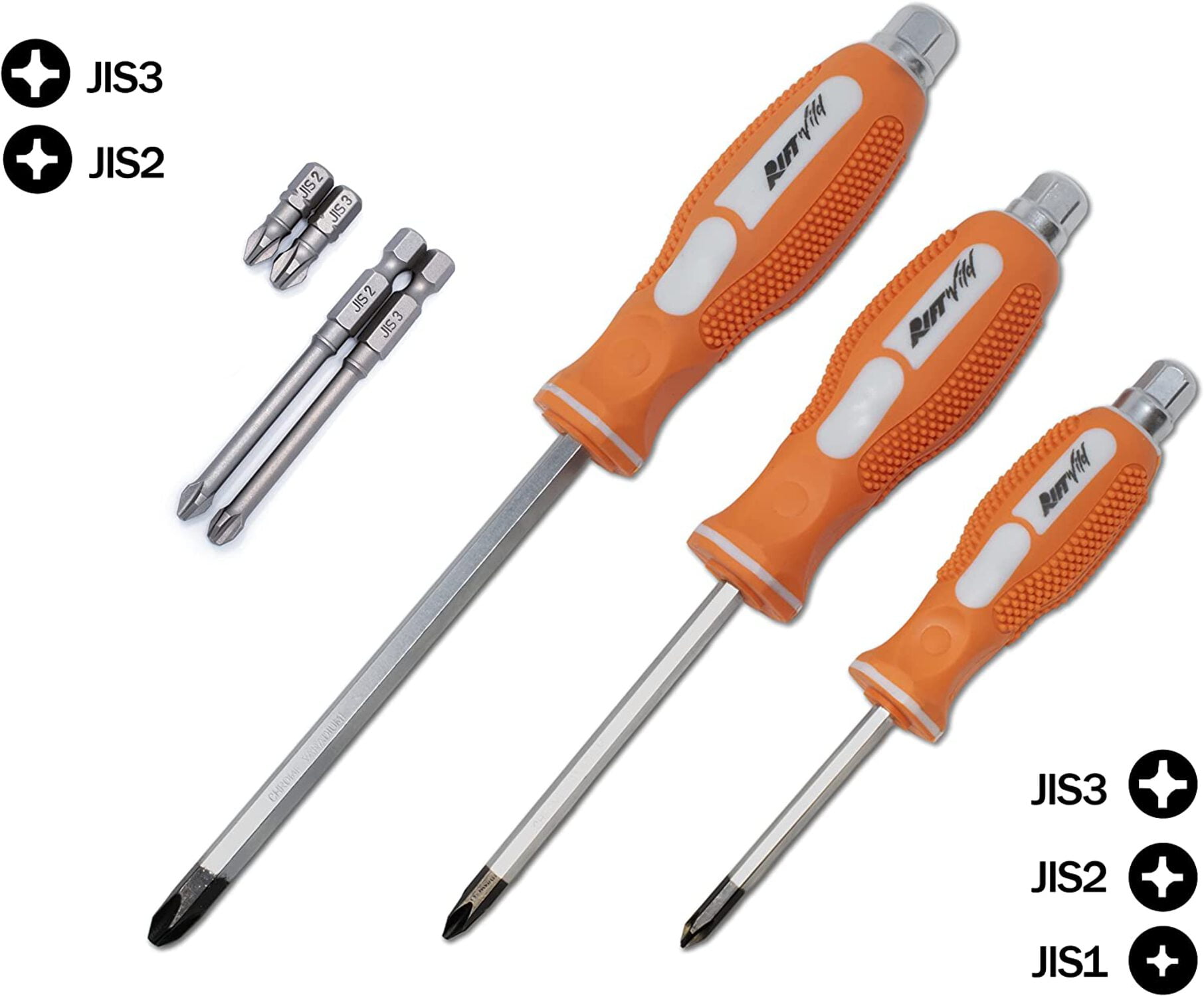 JIS (Japanese Industrial Standard) 7-Piece JIS Driver Set Includes (3) JIS Screwdrivers (#1, 2, 3) and (4) JIS 1/4" Impact Bits (#2, 3, Short & Long) 0059-005/006