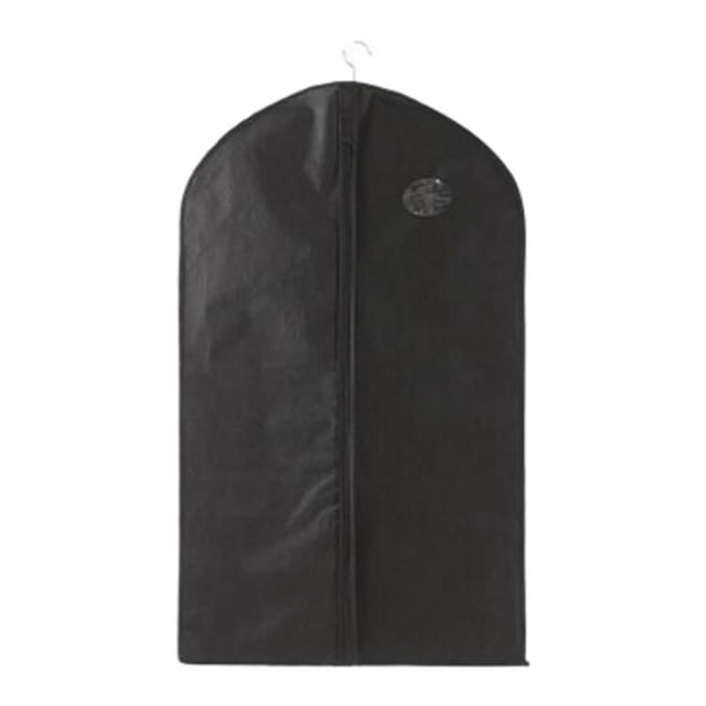 funda protectora para ropa macarena almacenamiento de ropa negro 60x100cm funda para traje colgante, vista frontal centrada con cremallera vertical, tejido no tejido negro y ventana transparente circular en la parte superior, gancho metálico visible, apta para vestidos, sacos y abrigos; a menudo usada también para guardar trajes en viajes.