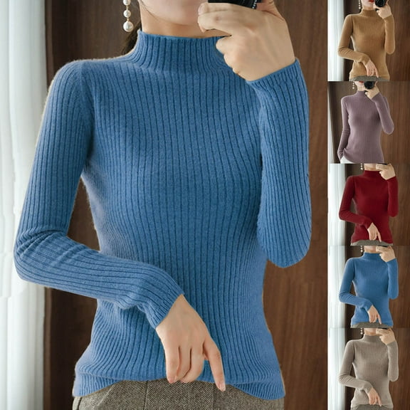 HAPIMO Slim Wool Sweater Women Fall Winter Warm Knitted Pullover High Neck Long Sleeve Sweater Basic Tops Stretch Ribbed Blue L