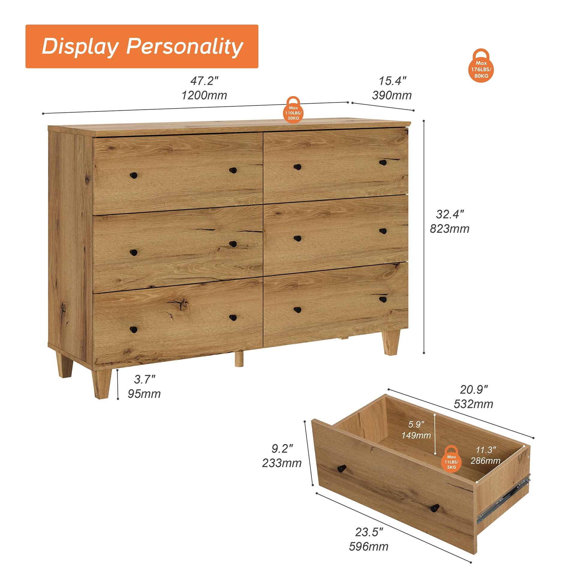 WAMPAT Modern Queen Size Canopy Bed Frame with 2 Charging Nightstands and 6-Drawer Dresser, Oak Brown