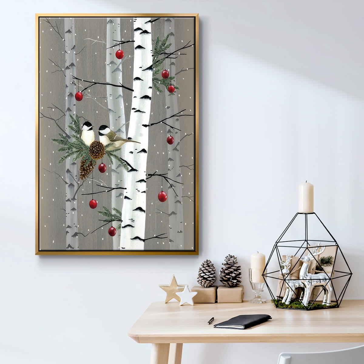 Birch Birds II - Framed Gallery Wrapped Holiday Canvas - 25 x 37 - Gold Frame