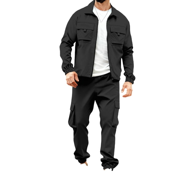 Men's Loose Softshell 2-Piece Hiking Set, Full Zip Cargo Jacket & Elastic Drawstring Pocket Athletic Outdoor Pants Set,Black,L