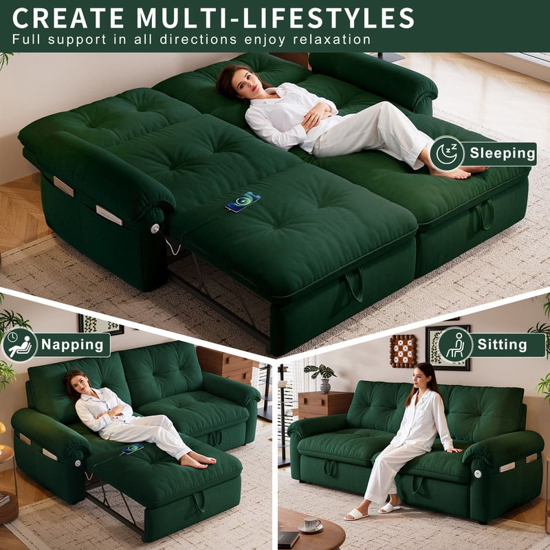 77.2" Convertible Sofa Bed, 2-in-1 Full Size Sleeper Sofa, Plush Upholstered Loveseat with USB Charging Ports & Side Pockets, Steel Frame Pull-Out Couch for Living Room, Bedroom, Apartment