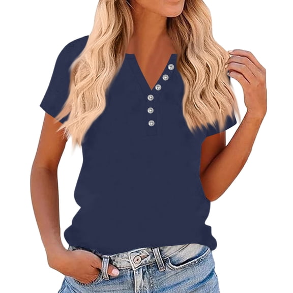 Short Sleeve Tops for Women Henley Neck Button Down Casual Solid Tees Tops 2026 Summer Loose Fit Shirts Dark Blue 3XL