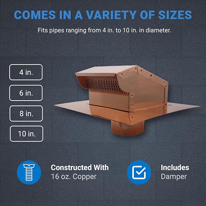 Copper Rooftop Exhaust Vent Cap with Damper and Bottom Extension (4 Inch)