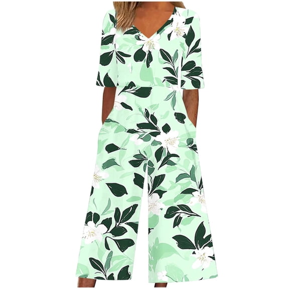 Riecok Floral Overalls for Women Summer Short Sleeve V Neck One Piece Rompers Loose Beach Jumpsuits with Pockets