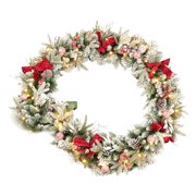 SKYSONIC 9ft Pre-lit Flocked Christmas Garland with Red Balls, Berries and Pinecones and 50 Soft White Lights with Timer, Artificial Holiday Decoratio