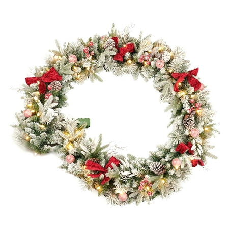 SKYSONIC 9ft Pre-lit Flocked Christmas Garland with Red Balls, Berries and Pinecones and 50 Soft White Lights with Timer, Artificial Holiday Decoratio